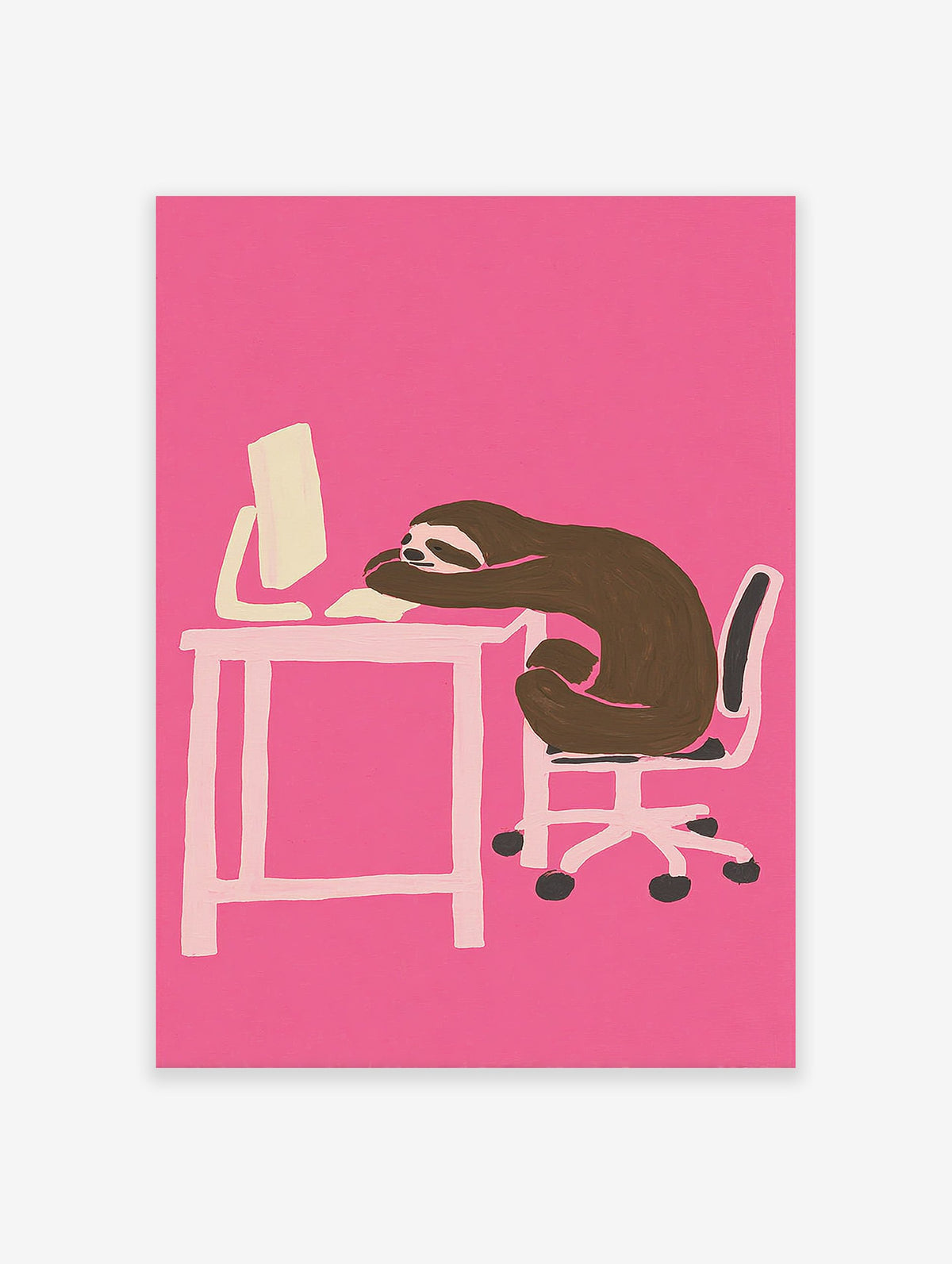 Humorous sloth wall art illustration of a brown sloth sleeping on a desk with a computer against a vibrant pink background.