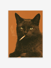 Black cat smoking a cigarette illustration against an orange background, illustrative animal wall art print