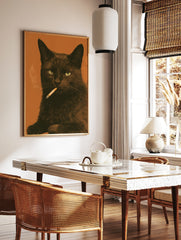 Black cat smoking a cigarette illustration against an orange background, illustrative animal wall, in a styled room mockup