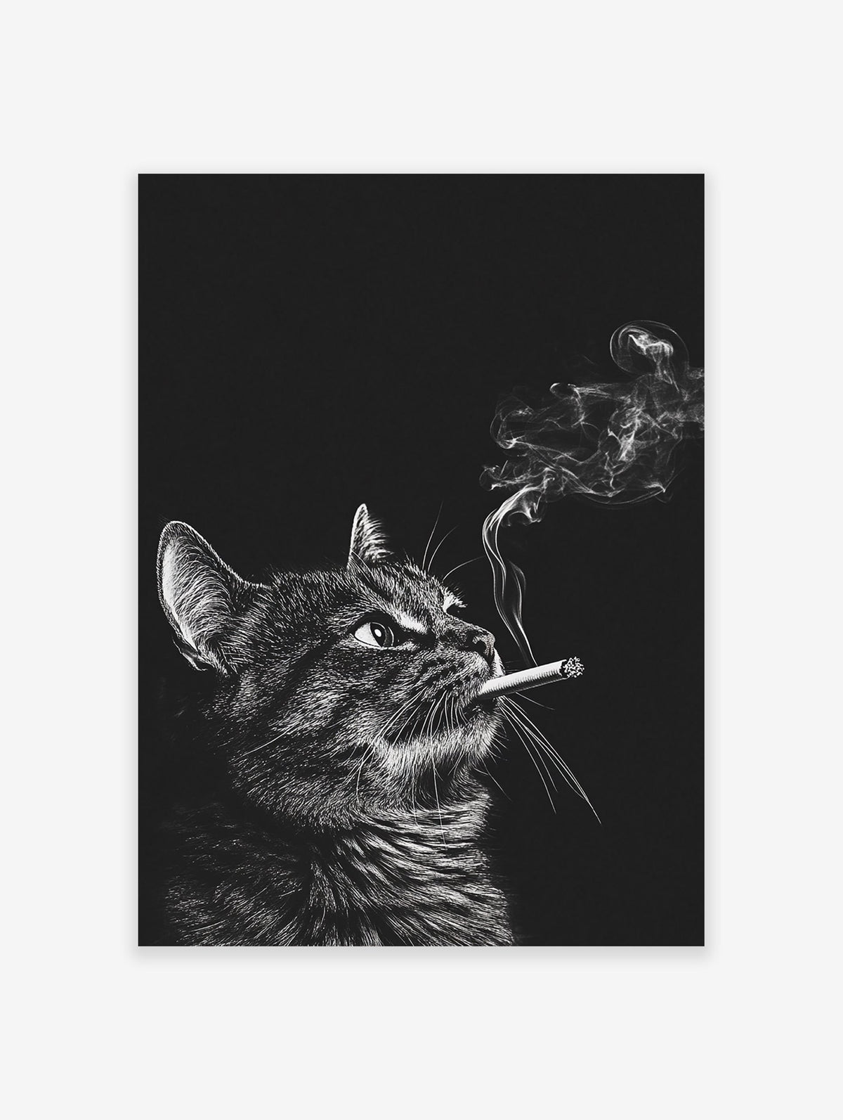 Black and white smoking cat poster looking upwards with smoke rising from its cigarette, detailed illustrative animal art.