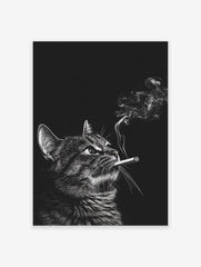 Black and white smoking cat poster looking upwards with smoke rising from its cigarette, detailed illustrative animal art.
