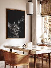 Black and white smoking cat poster looking upwards with smoke rising from its cigarette, detailed illustrative animal art. - Image 2