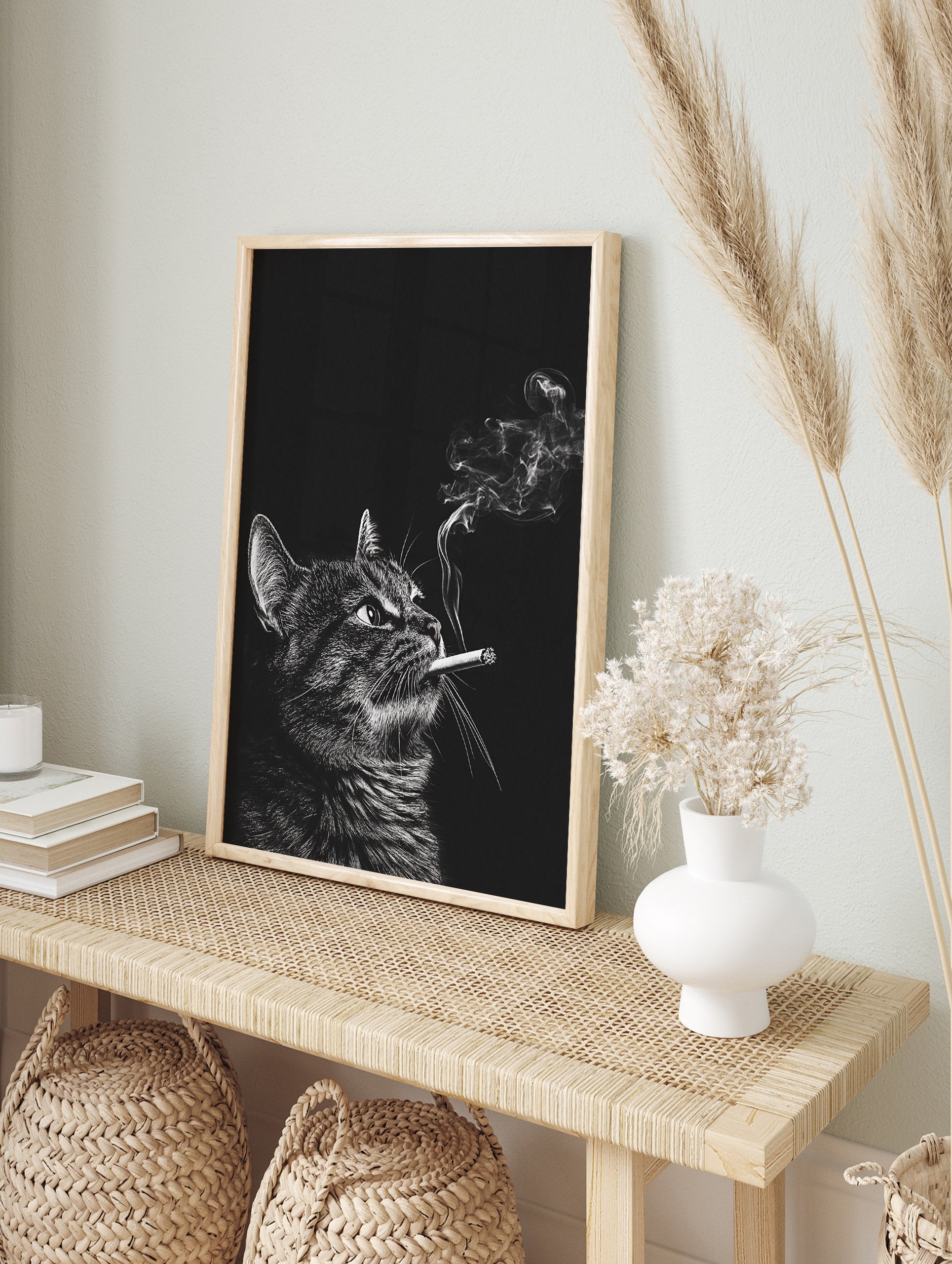 Black and white smoking cat poster looking upwards with smoke rising from its cigarette, detailed illustrative animal art. - Image 4
