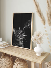 Black and white smoking cat poster looking upwards with smoke rising from its cigarette, detailed illustrative animal art. - Image 4
