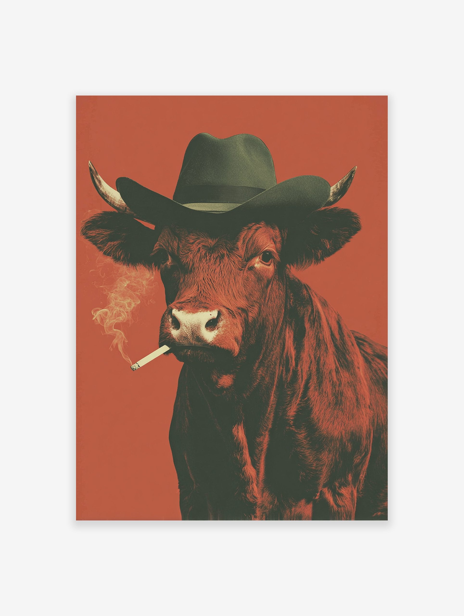 Smoking Cow poster wearing a cowboy hat and smoking a cigarette against a reddish-orange background.