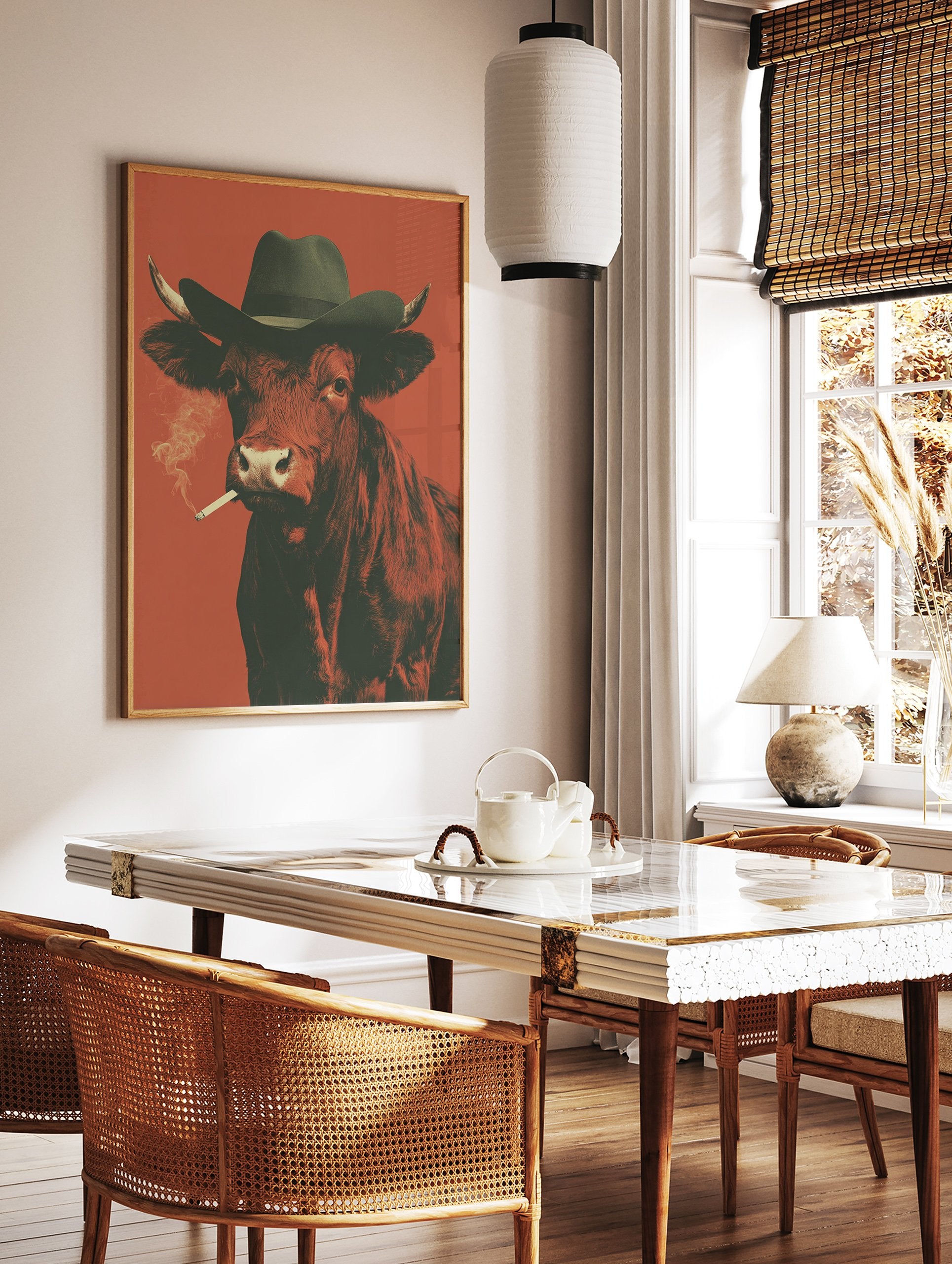 Smoking Cow poster wearing a cowboy hat and smoking a cigarette against a reddish-orange background. - Image 2