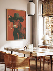 Smoking Cow poster wearing a cowboy hat and smoking a cigarette against a reddish-orange background. - Image 2