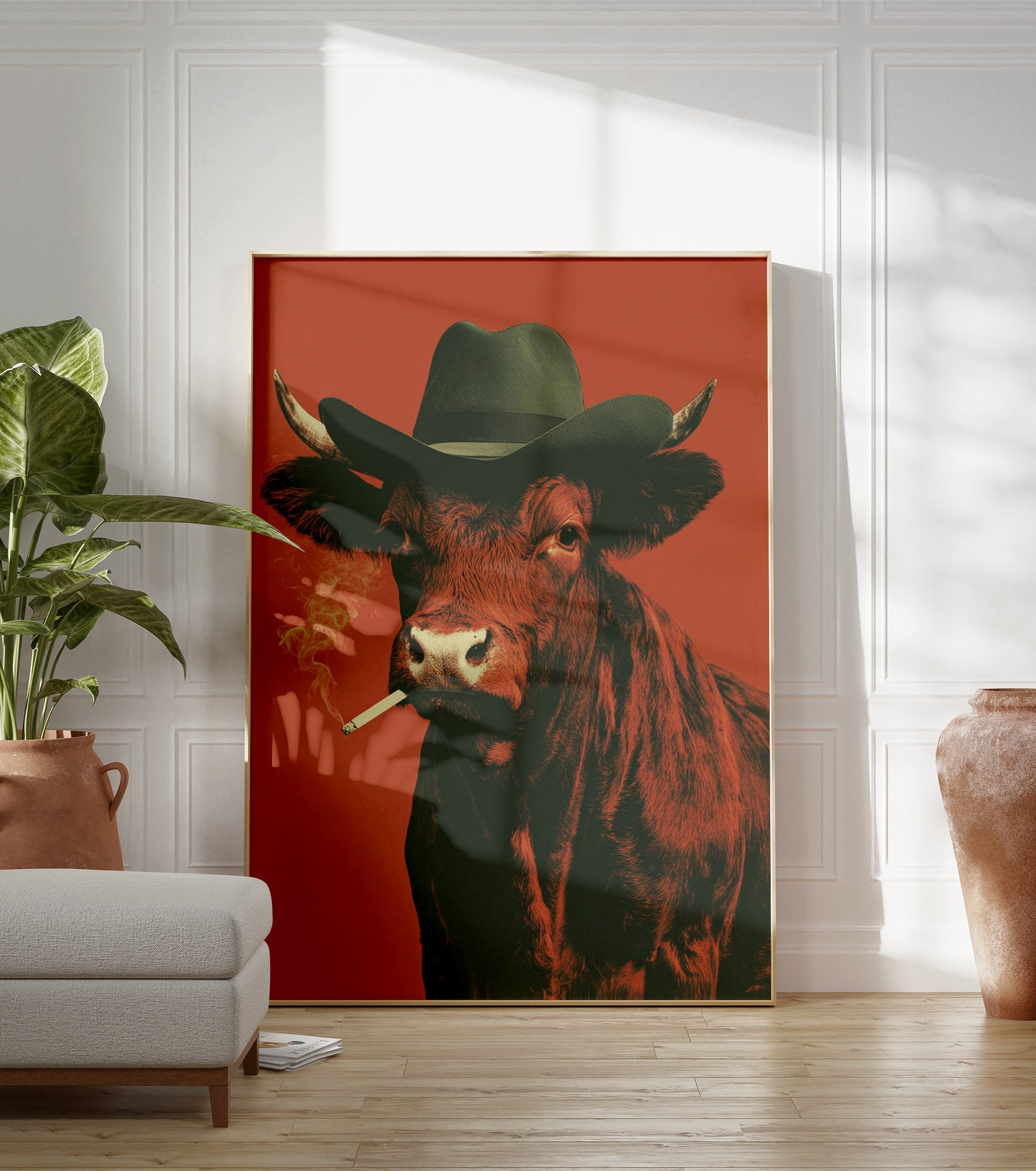 Smoking Cow poster wearing a cowboy hat and smoking a cigarette against a reddish-orange background. - Image 3