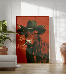 Smoking Cow poster wearing a cowboy hat and smoking a cigarette against a reddish-orange background. - Image 3