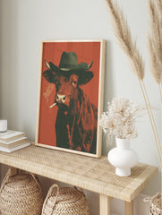 Smoking Cow poster wearing a cowboy hat and smoking a cigarette against a reddish-orange background. - Image 4
