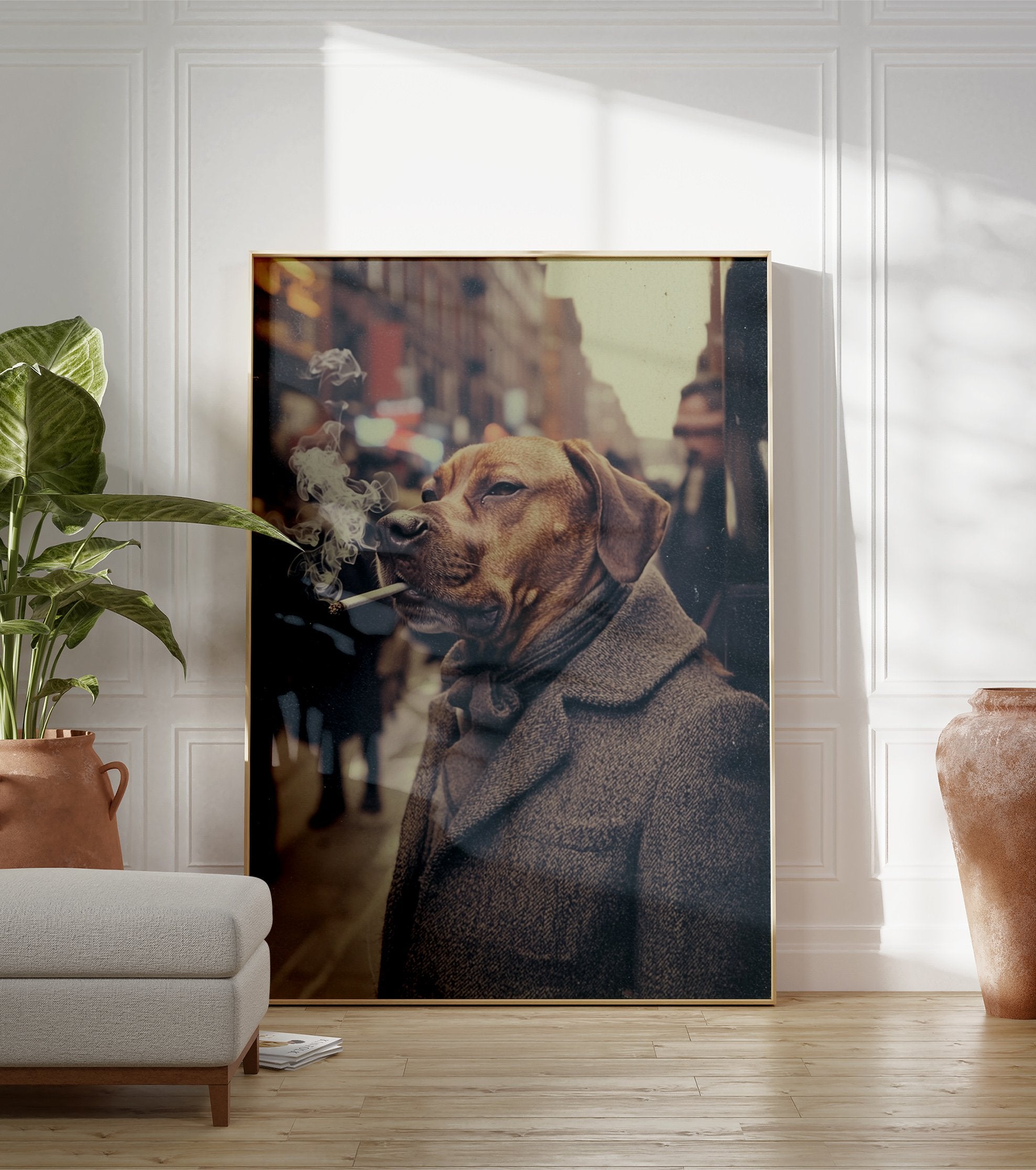 Smoking dog poster featuring a dog in a tweed coat and scarf holding a cigarette in a vintage style city scene. - Image 3