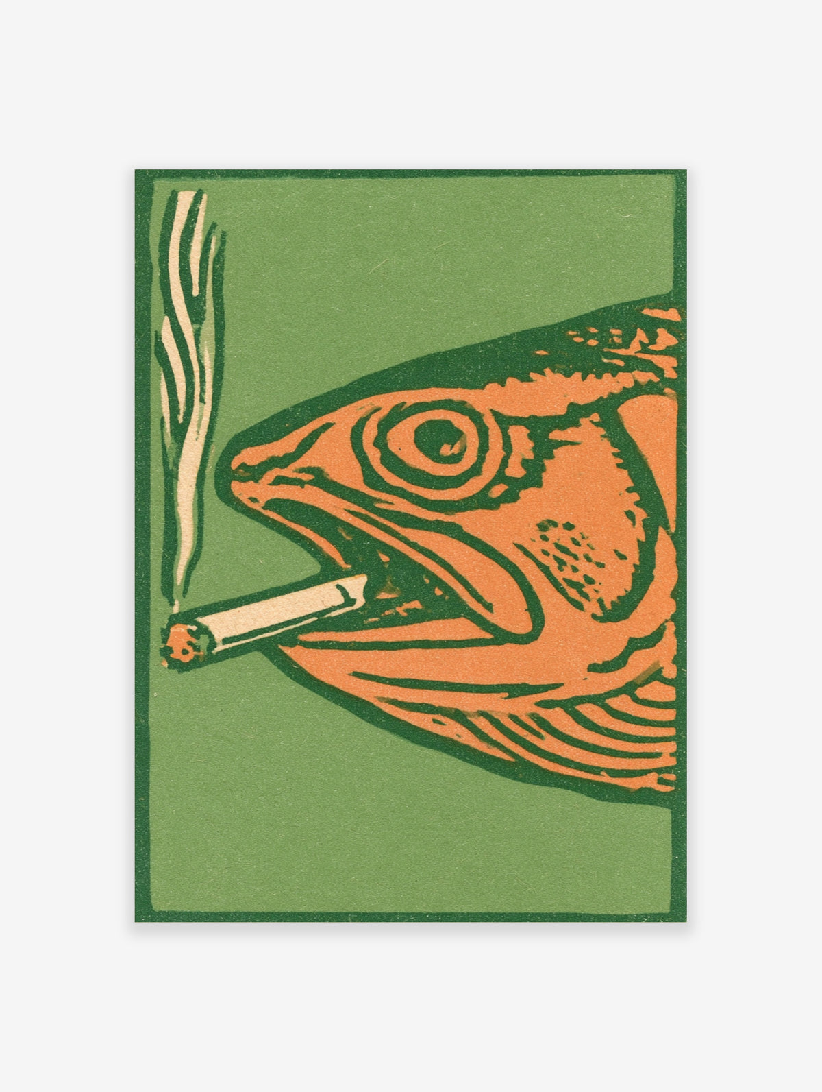 Orange fish smoking a cigarette with smoke plume on green background, surreal animal poster print