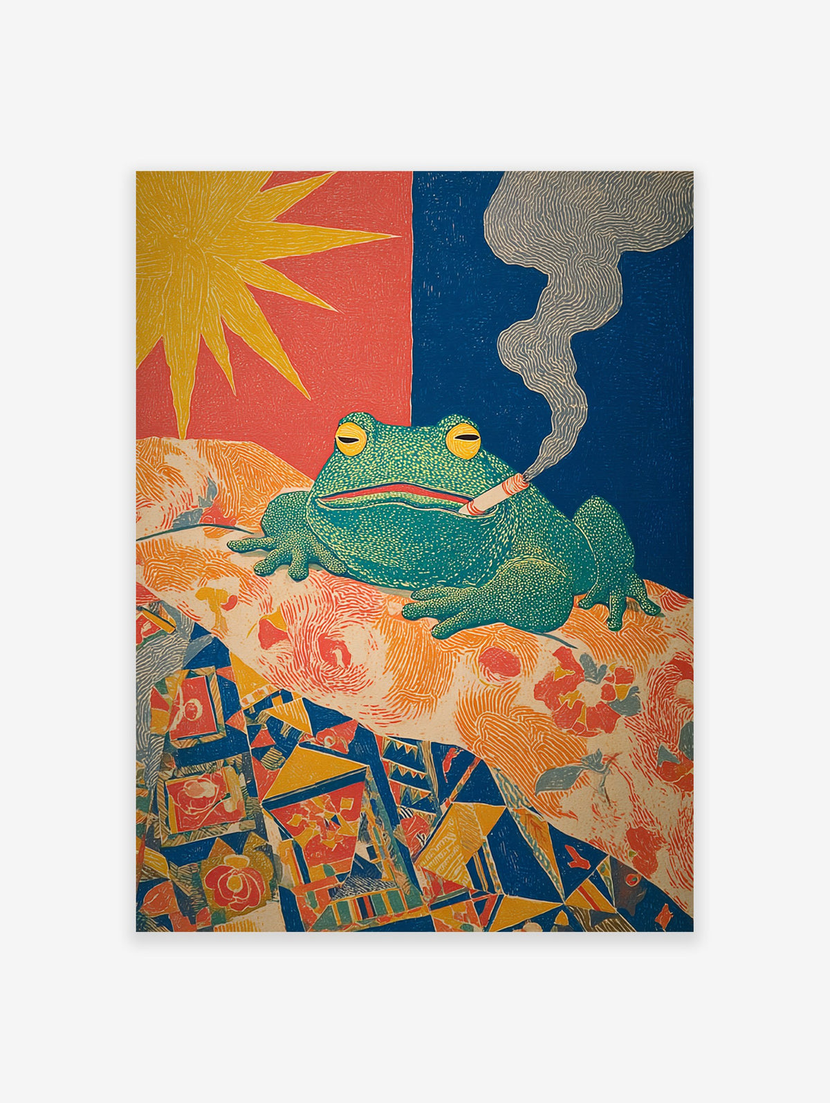 Vibrant woodblock print of a green smoking frog with yellow eyes on a patterned bed, under a yellow sun and blue sky.