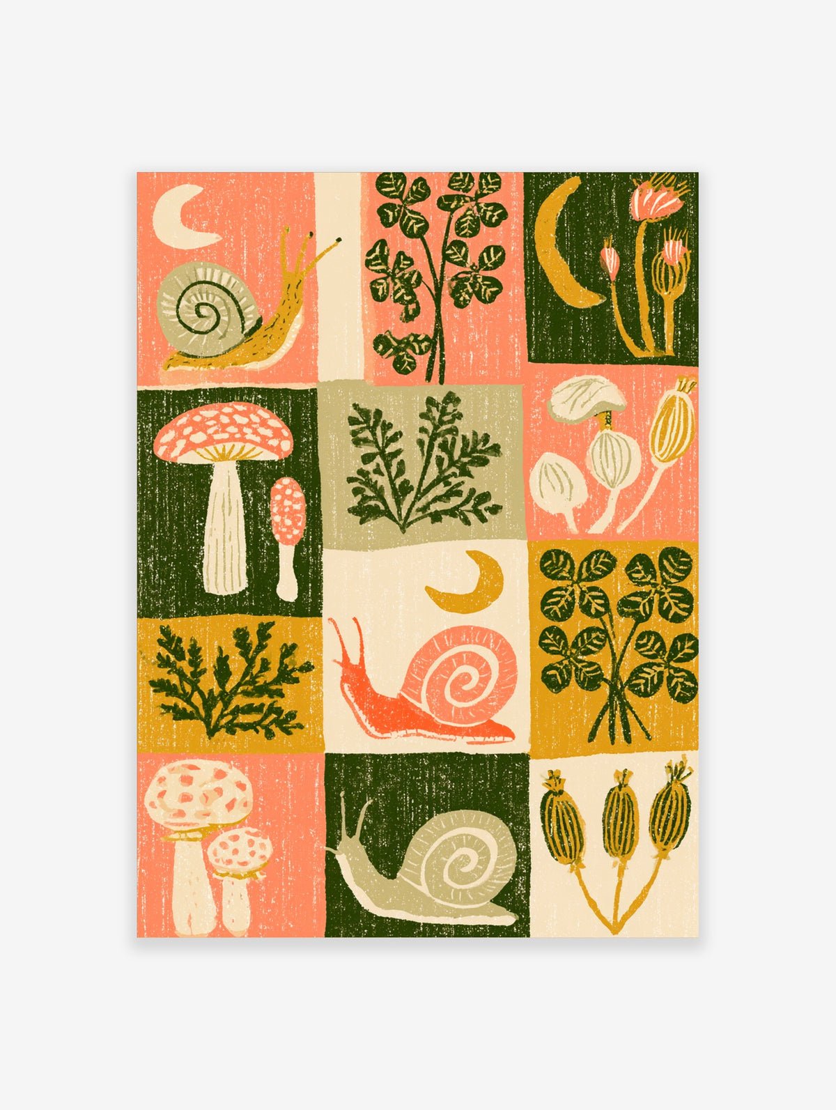 Retro block-print grid of snails, mushrooms, and botanical sprigs in pink, green, and ochre