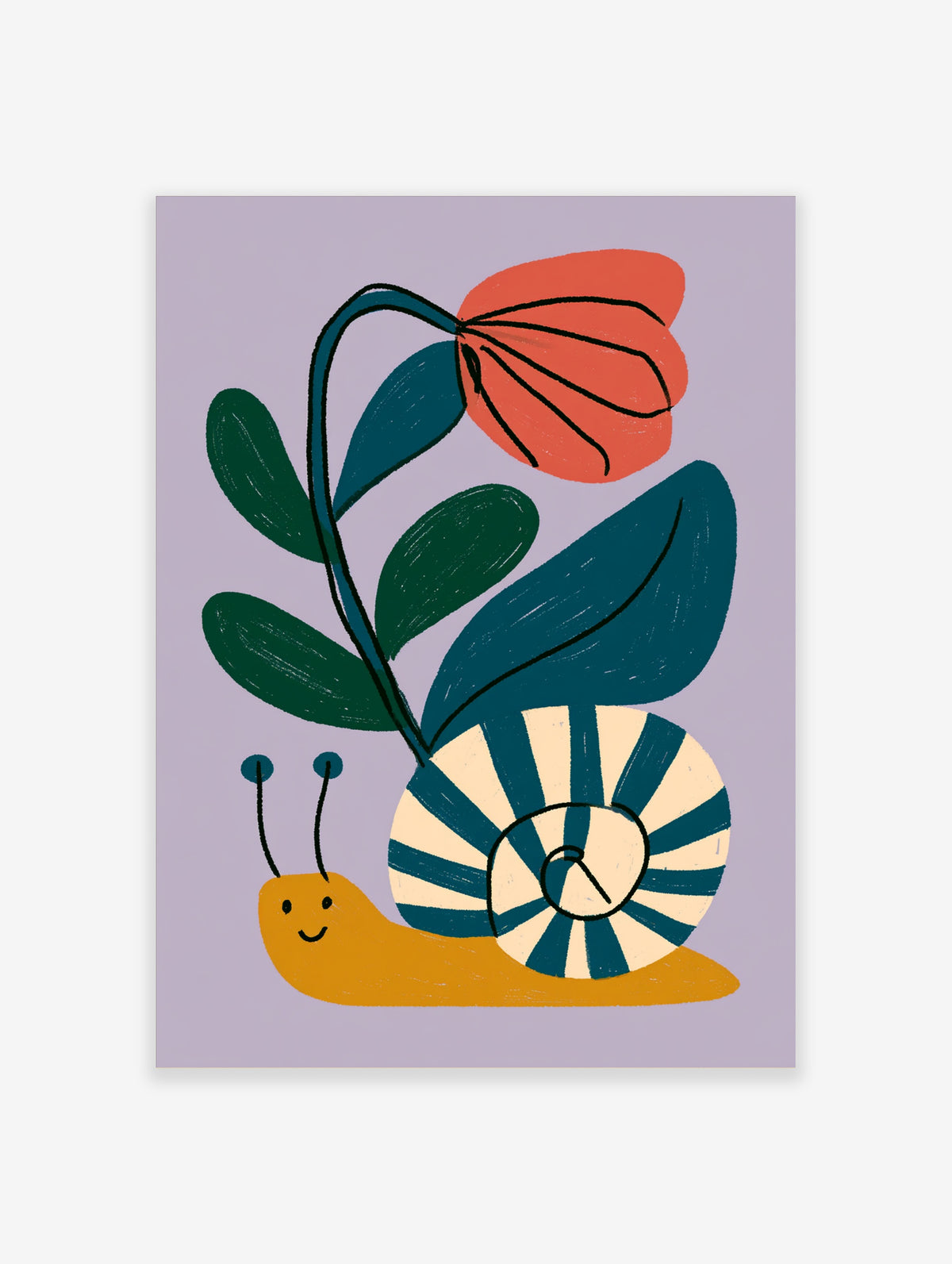 Colourful snail with striped shell and red flower illustration art print on lilac background