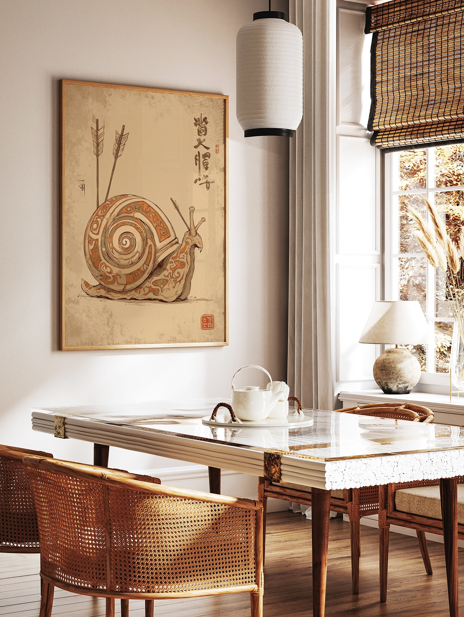 Illustrated snail art print with intricate patterns, arrows, and Japanese calligraphy on an earth-toned background. - Image 3