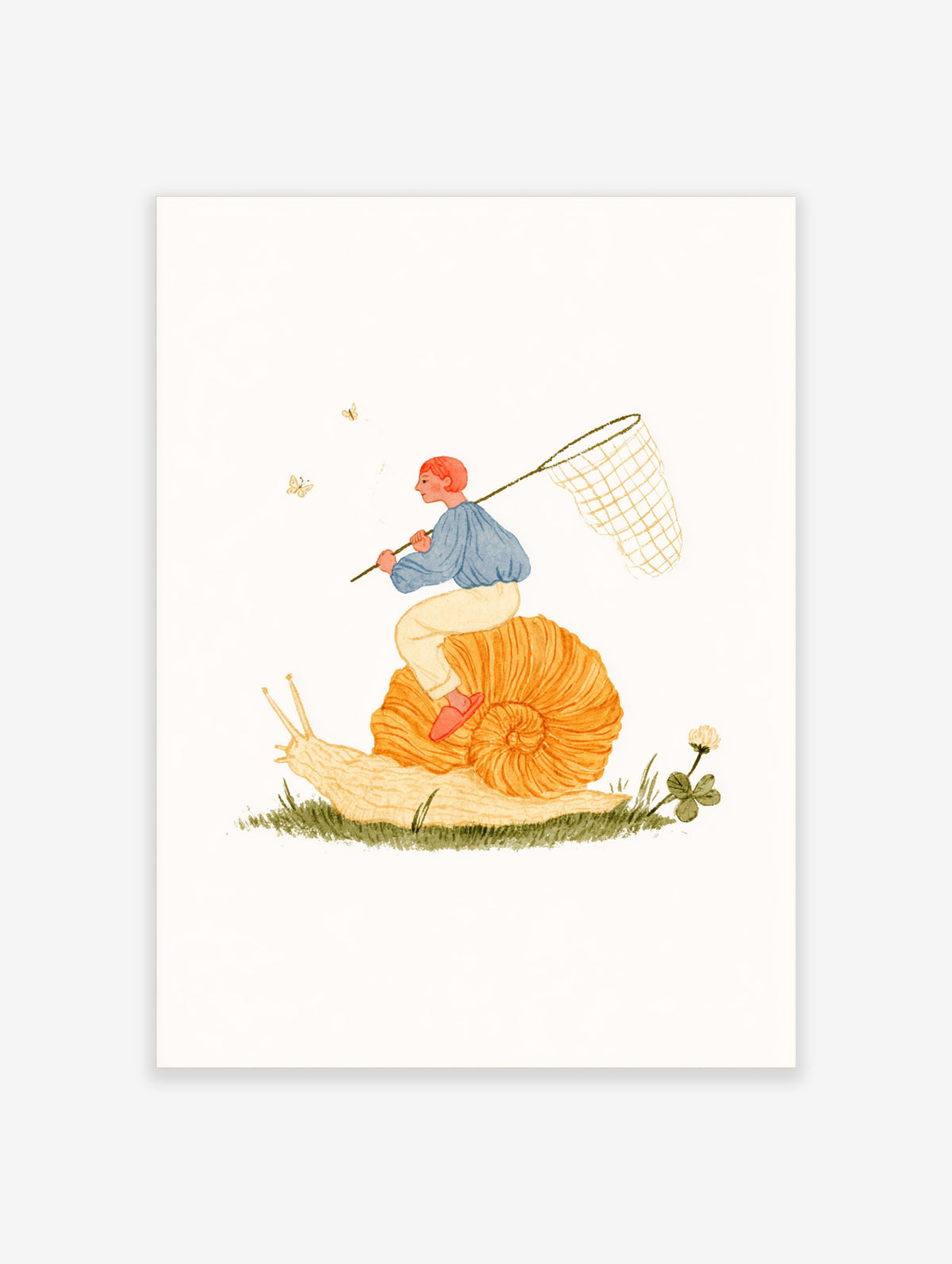 Child riding a giant orange snail holding a butterfly net, whimsical illustration art print