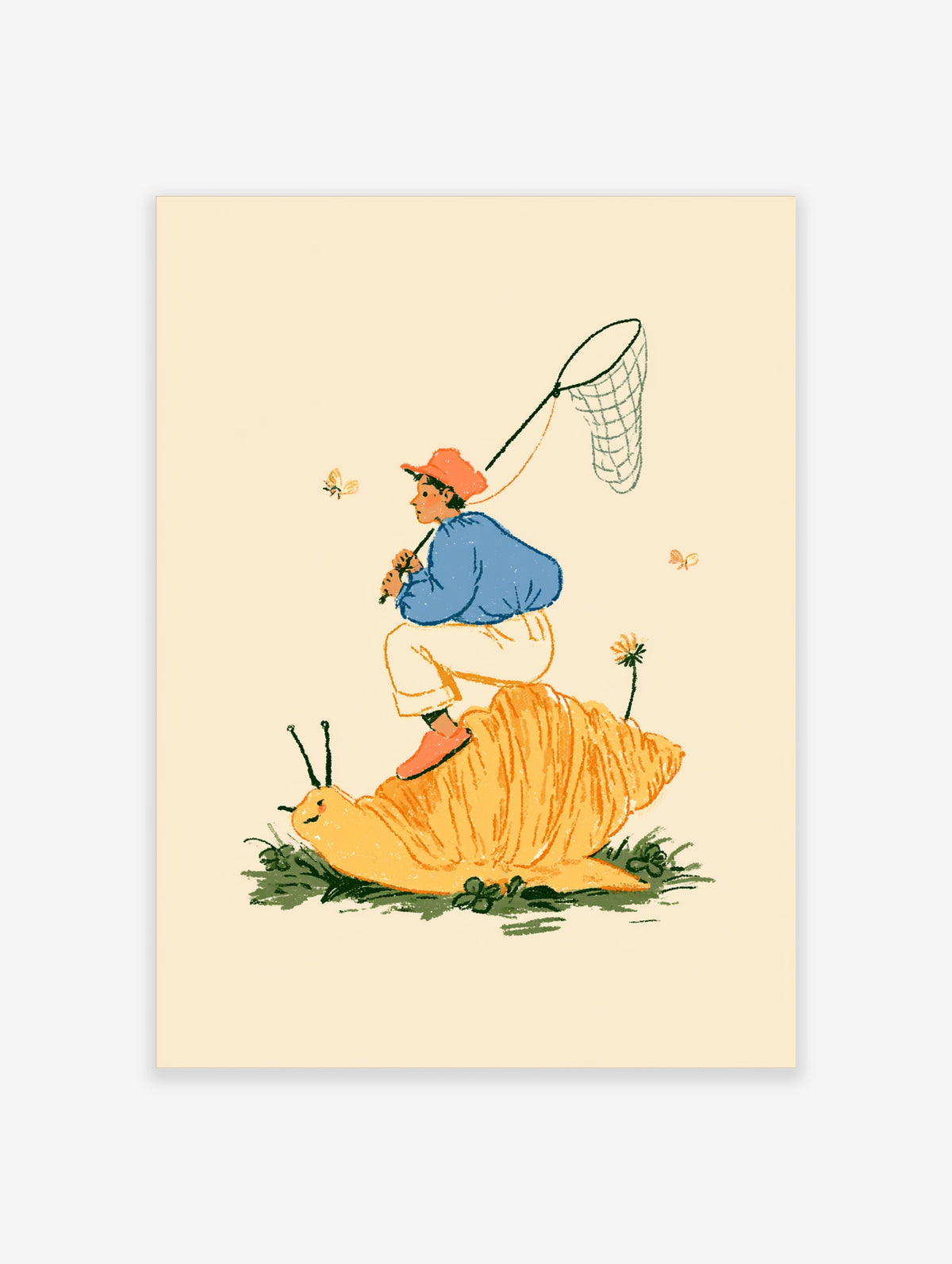 Child riding a giant orange snail with a butterfly net illustration art print