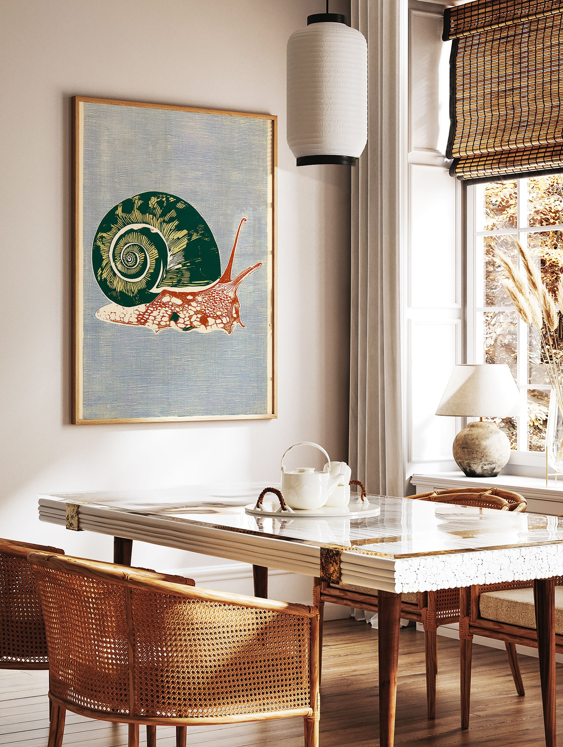 Botanical snail wall art print with a green shell and red body on a textured blue background in an illustrative style. - Image 3