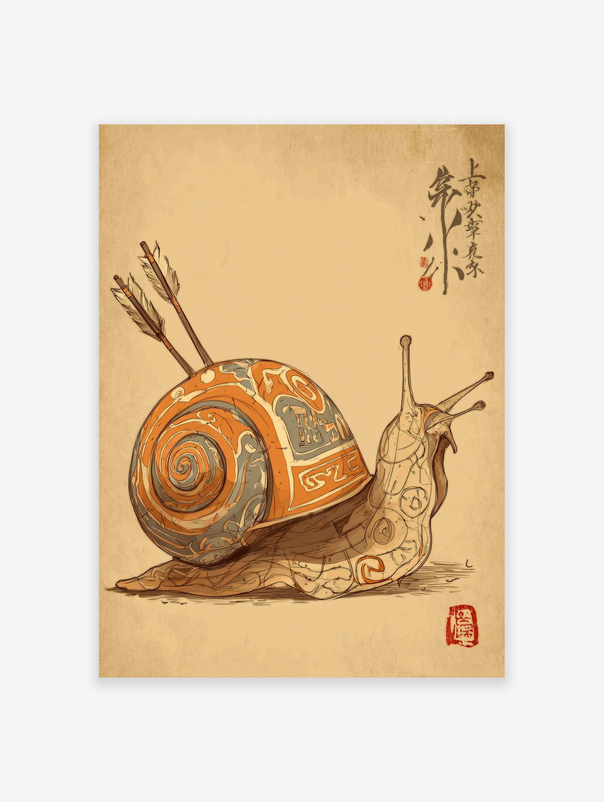 Illustrated snail wall art with an ornate orange and grey shell pierced by two arrows, featuring Japanese calligraphy and a red seal.