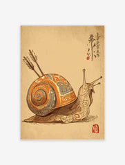 Illustrated snail wall art with an ornate orange and grey shell pierced by two arrows, featuring Japanese calligraphy and a red seal.