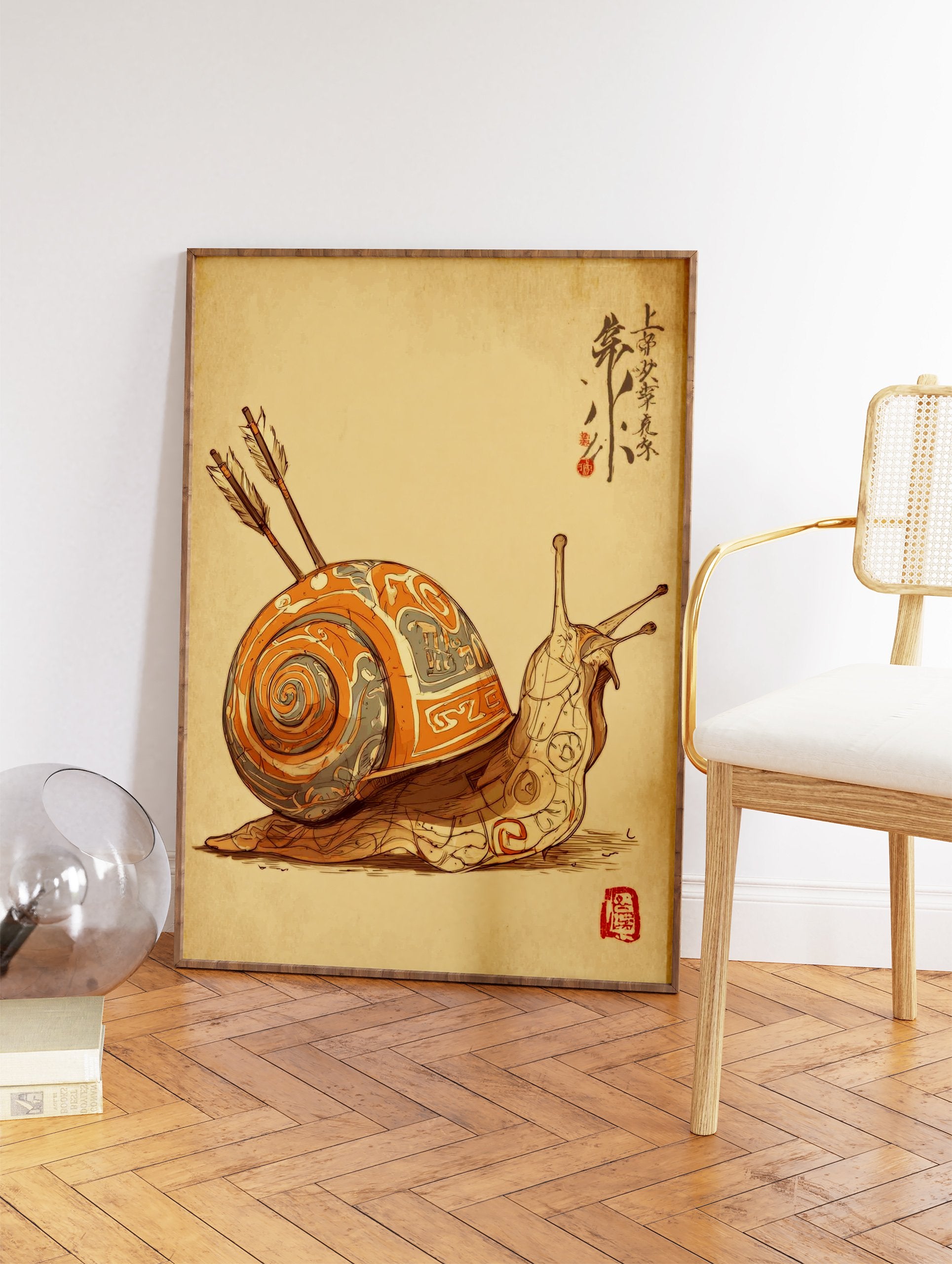 Illustrated snail wall art with an ornate orange and grey shell pierced by two arrows, featuring Japanese calligraphy and a red seal. - Image 2