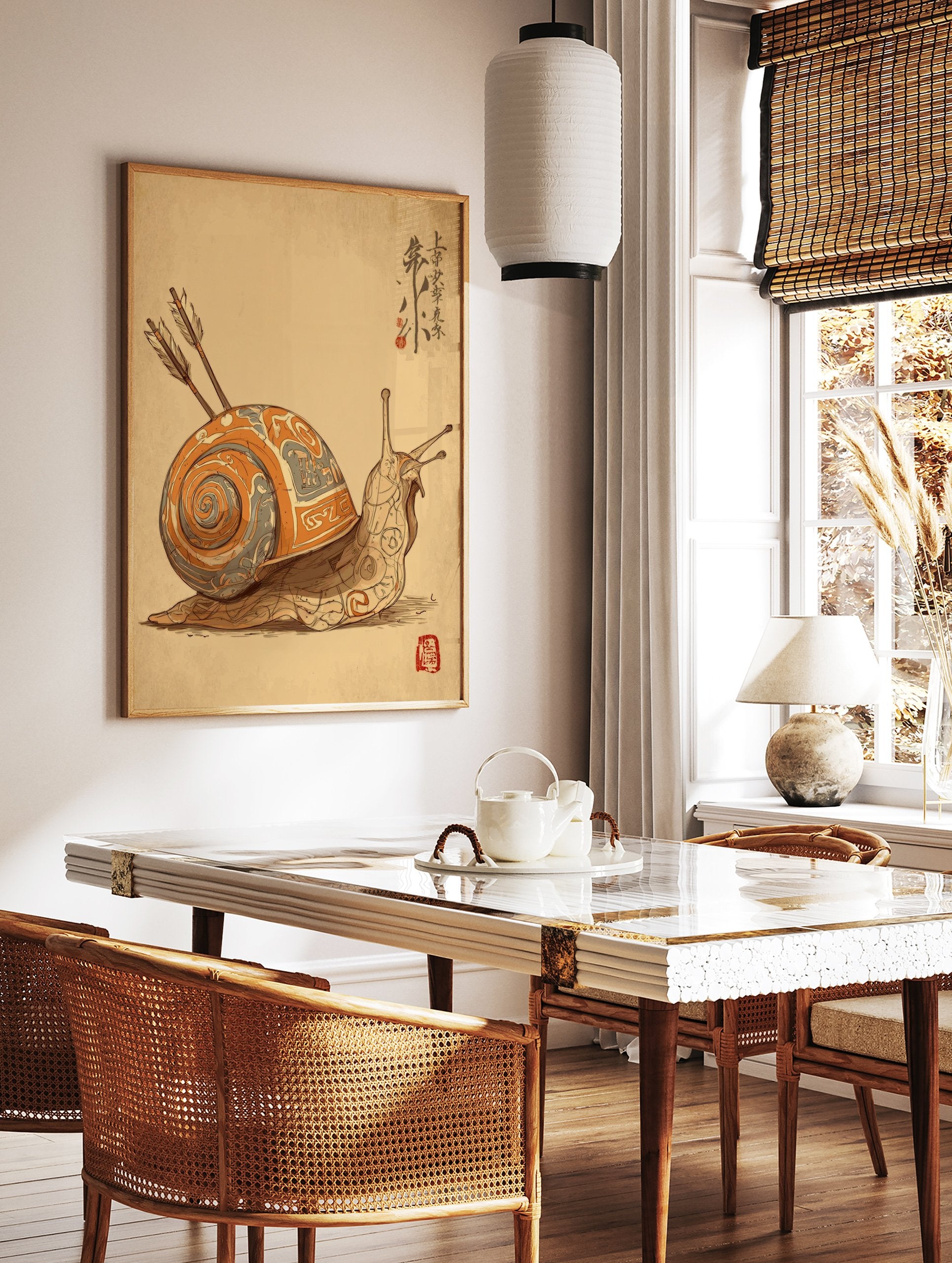 Illustrated snail wall art with an ornate orange and grey shell pierced by two arrows, featuring Japanese calligraphy and a red seal. - Image 3