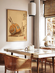 Illustrated snail wall art with an ornate orange and grey shell pierced by two arrows, featuring Japanese calligraphy and a red seal. - Image 3