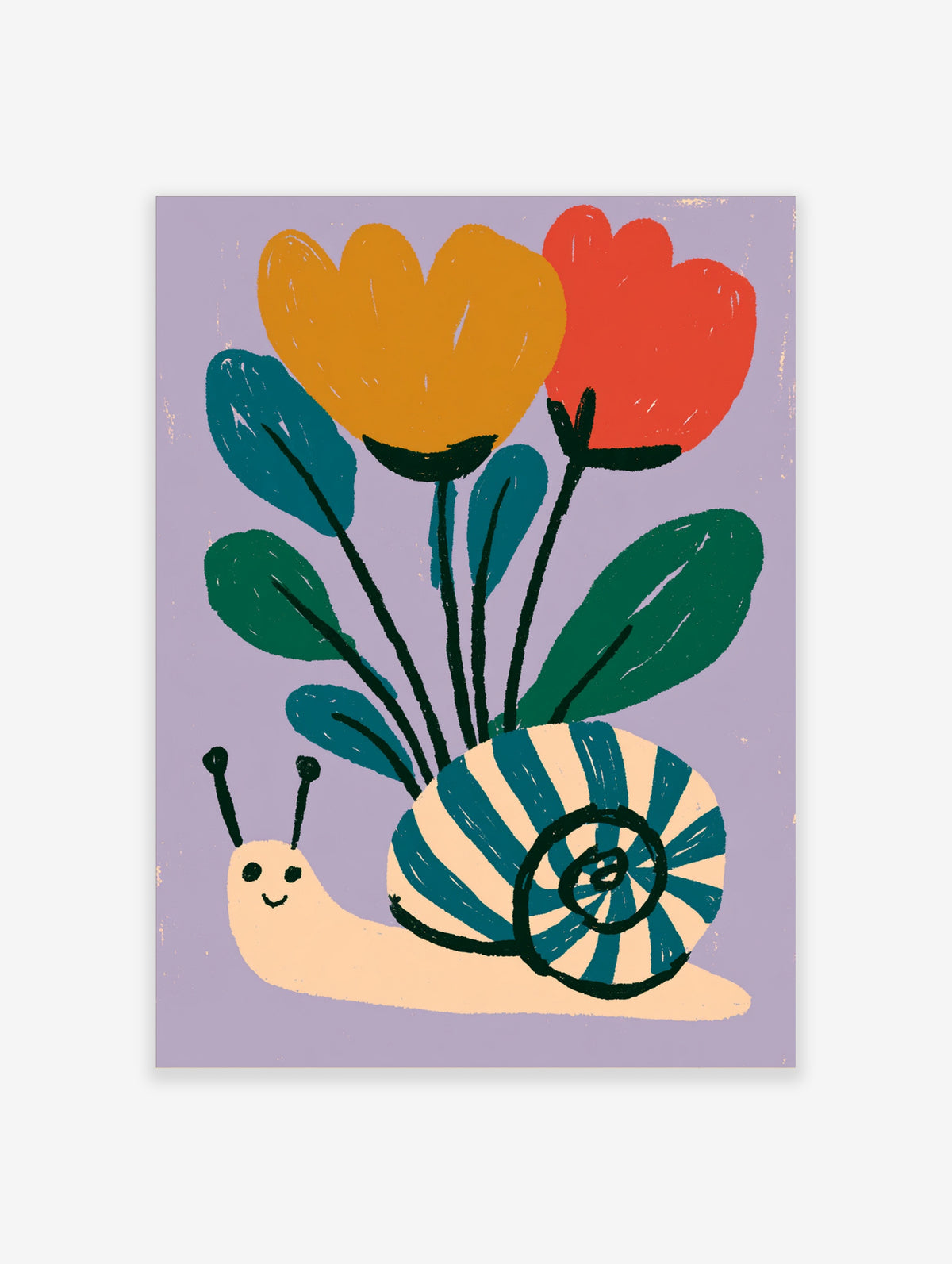 Colourful snail with striped shell carrying yellow and red flowers on lilac background art print
