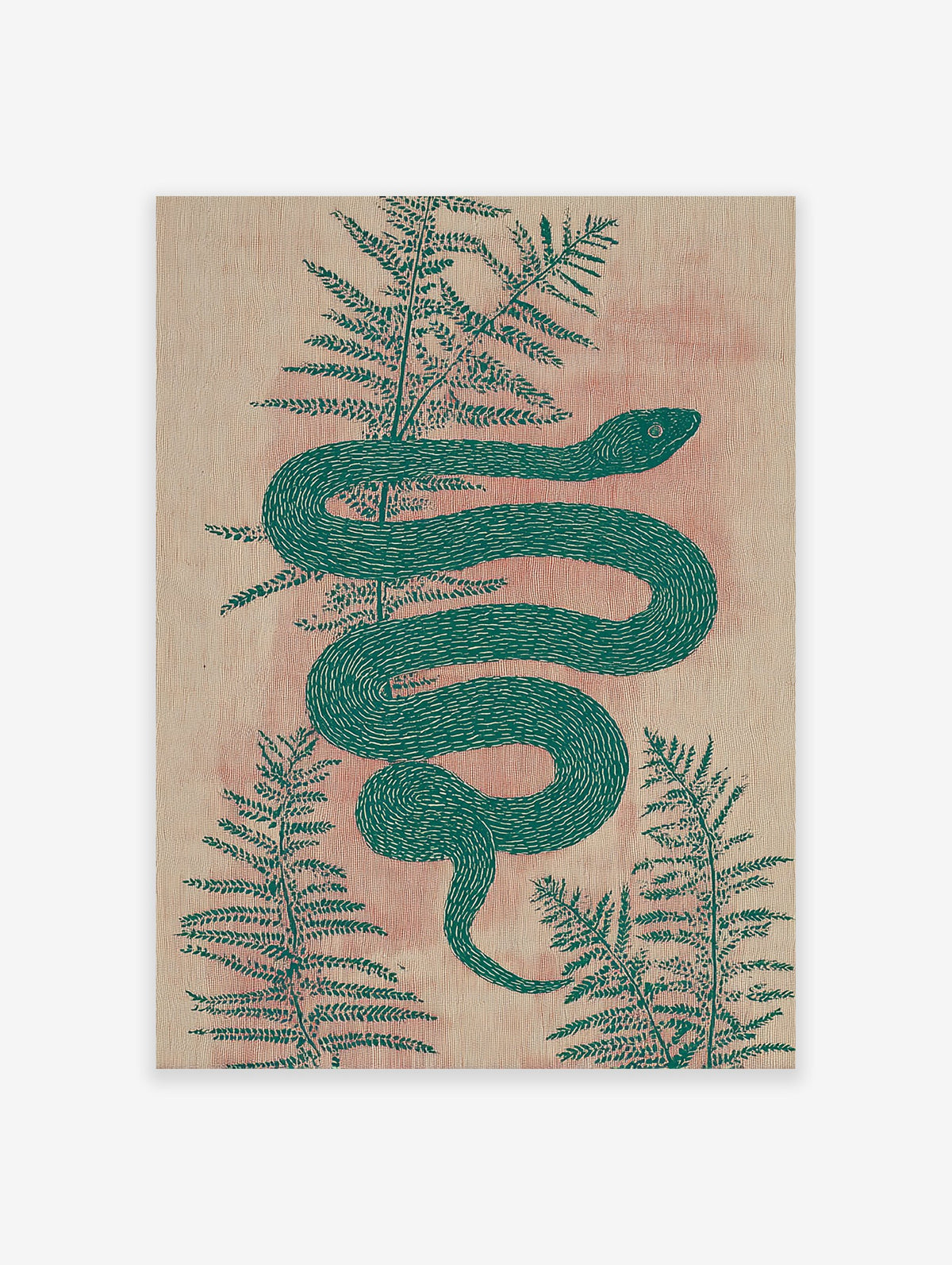 Green snake coiling around fern leaves on a textured peach background, botanical illustration wall art print.