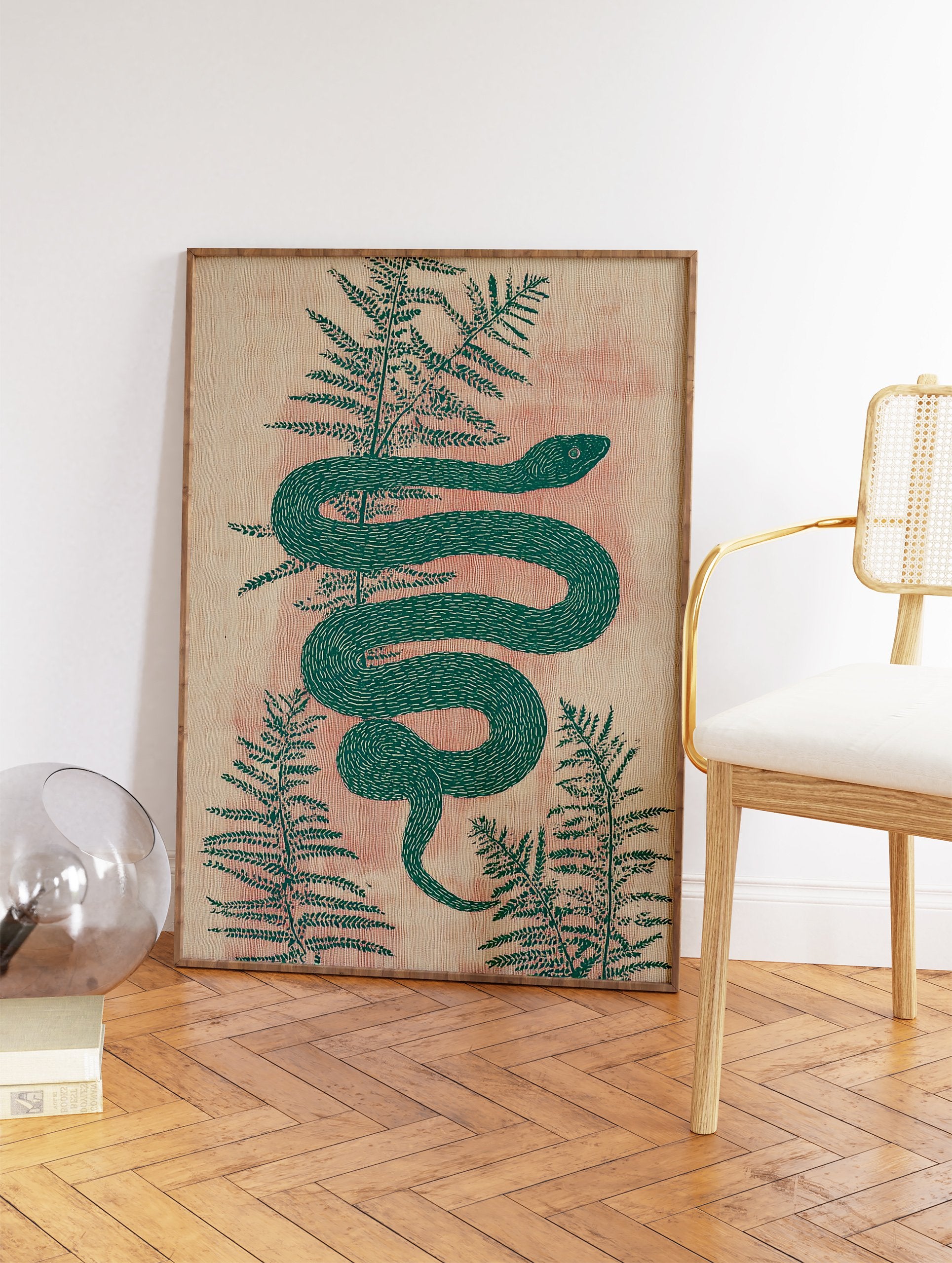 Green snake coiling around fern leaves on a textured peach background, botanical illustration wall art print. - Image 2