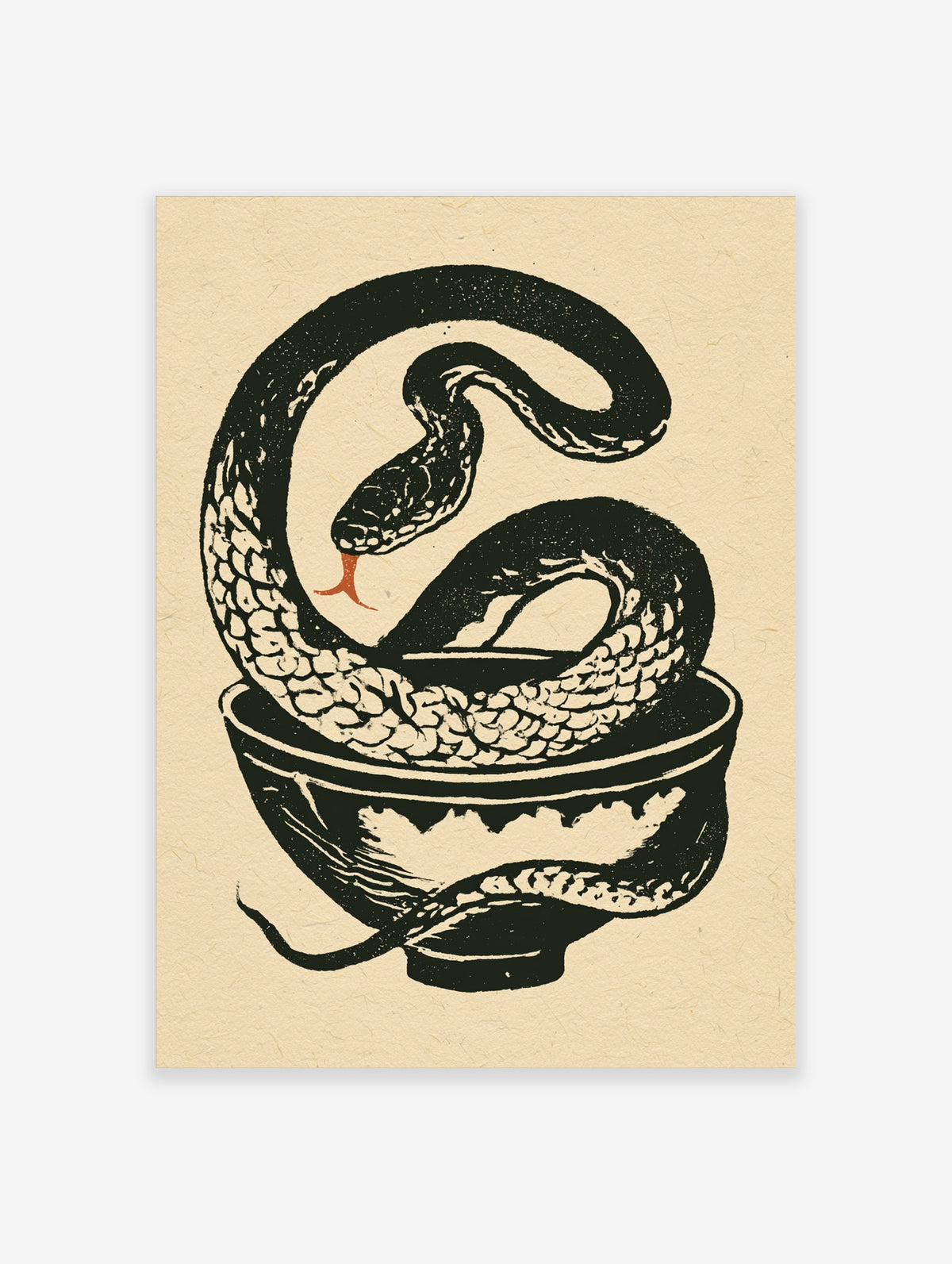 Black and white snake coiled around a bowl with red tongue, vintage illustration on beige background