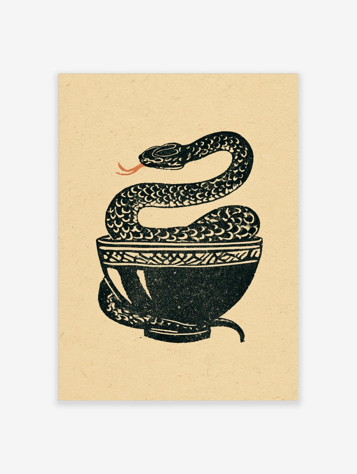 Vintage-style snake coiled in a black bowl with red tongue on beige background art print