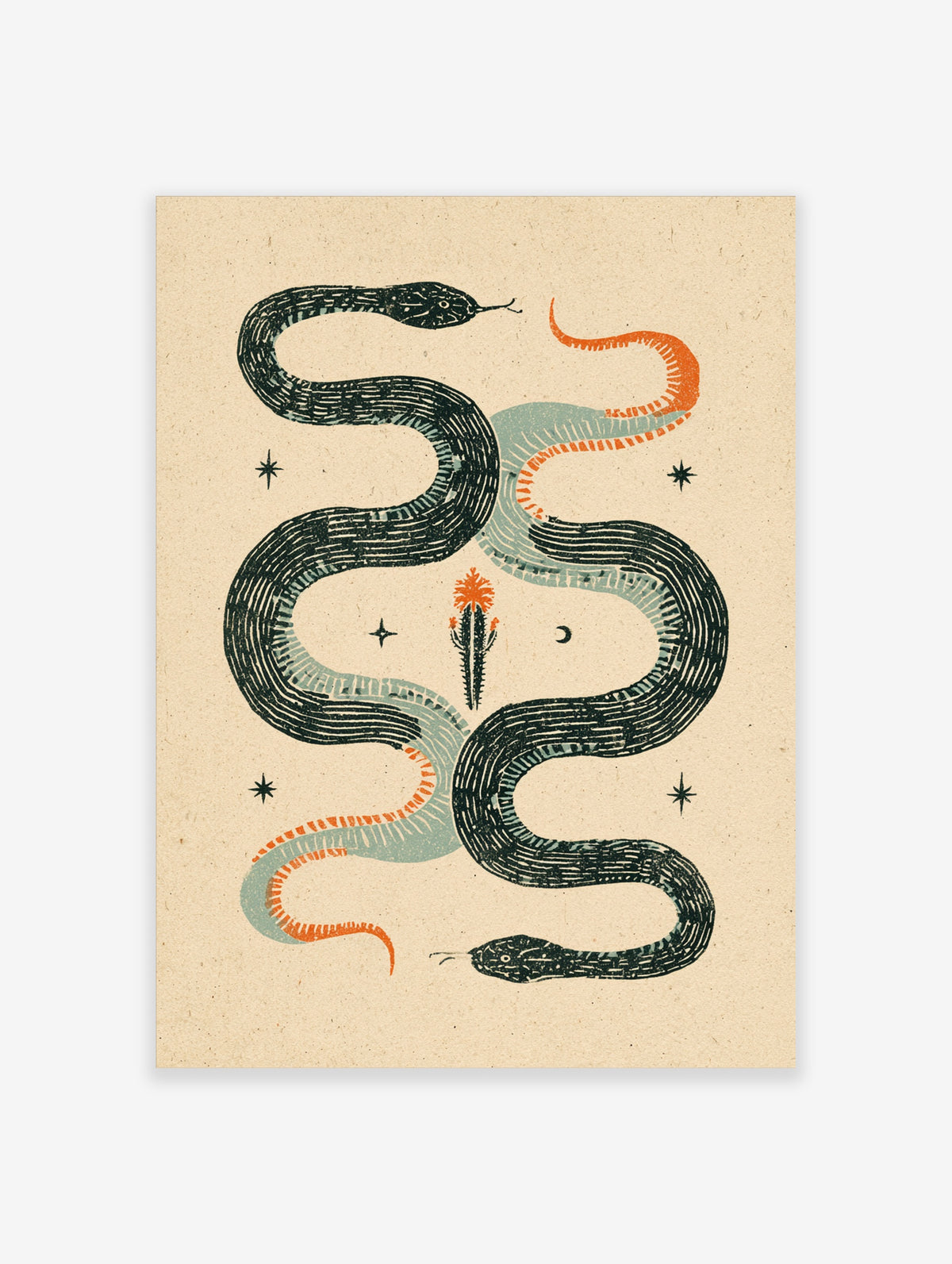 Coiled snake wrapped around a flowering cactus with stars and a crescent moon on beige background