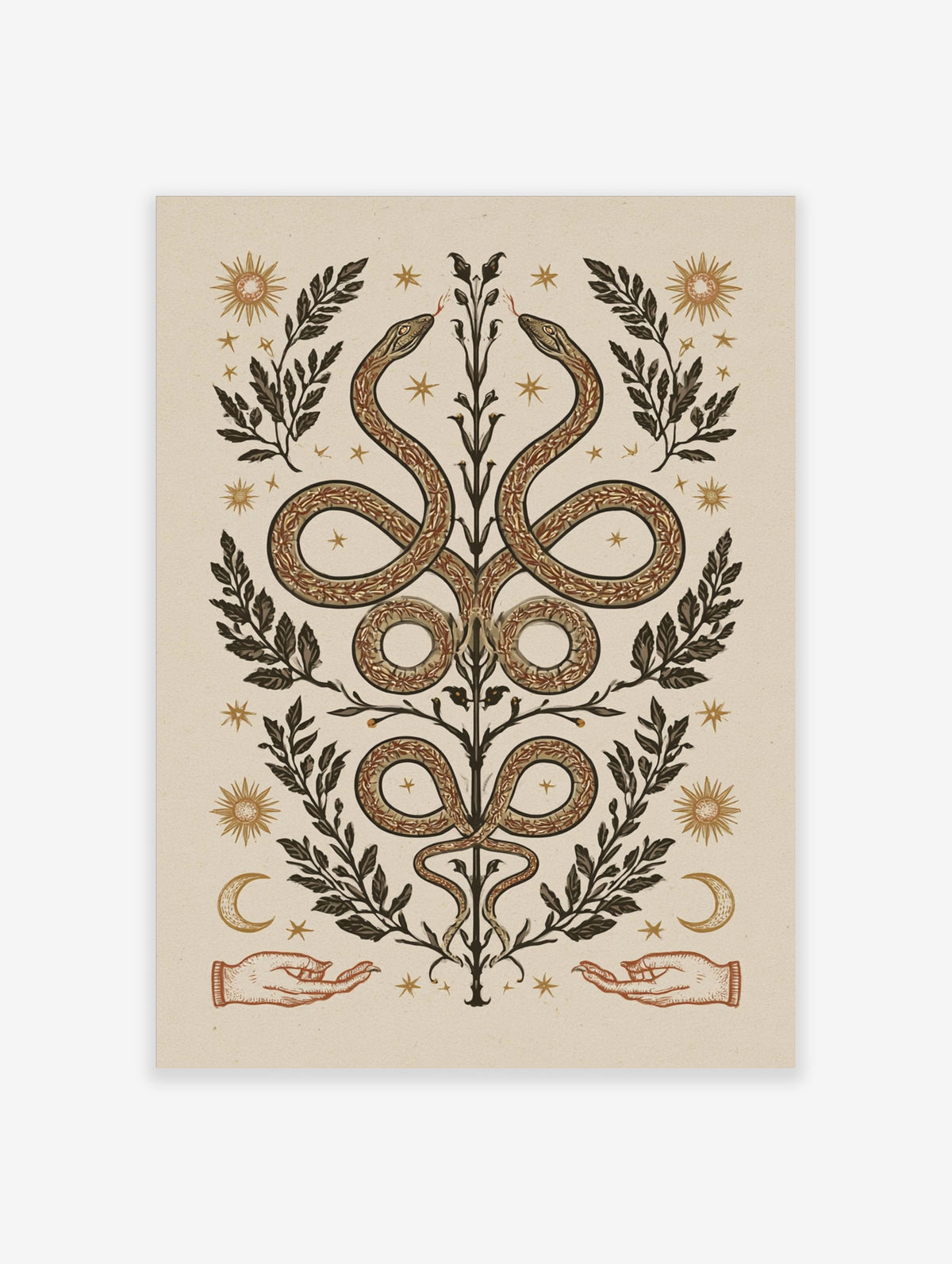Symmetrical snake art print with two serpents, stars, moons and hands on beige background