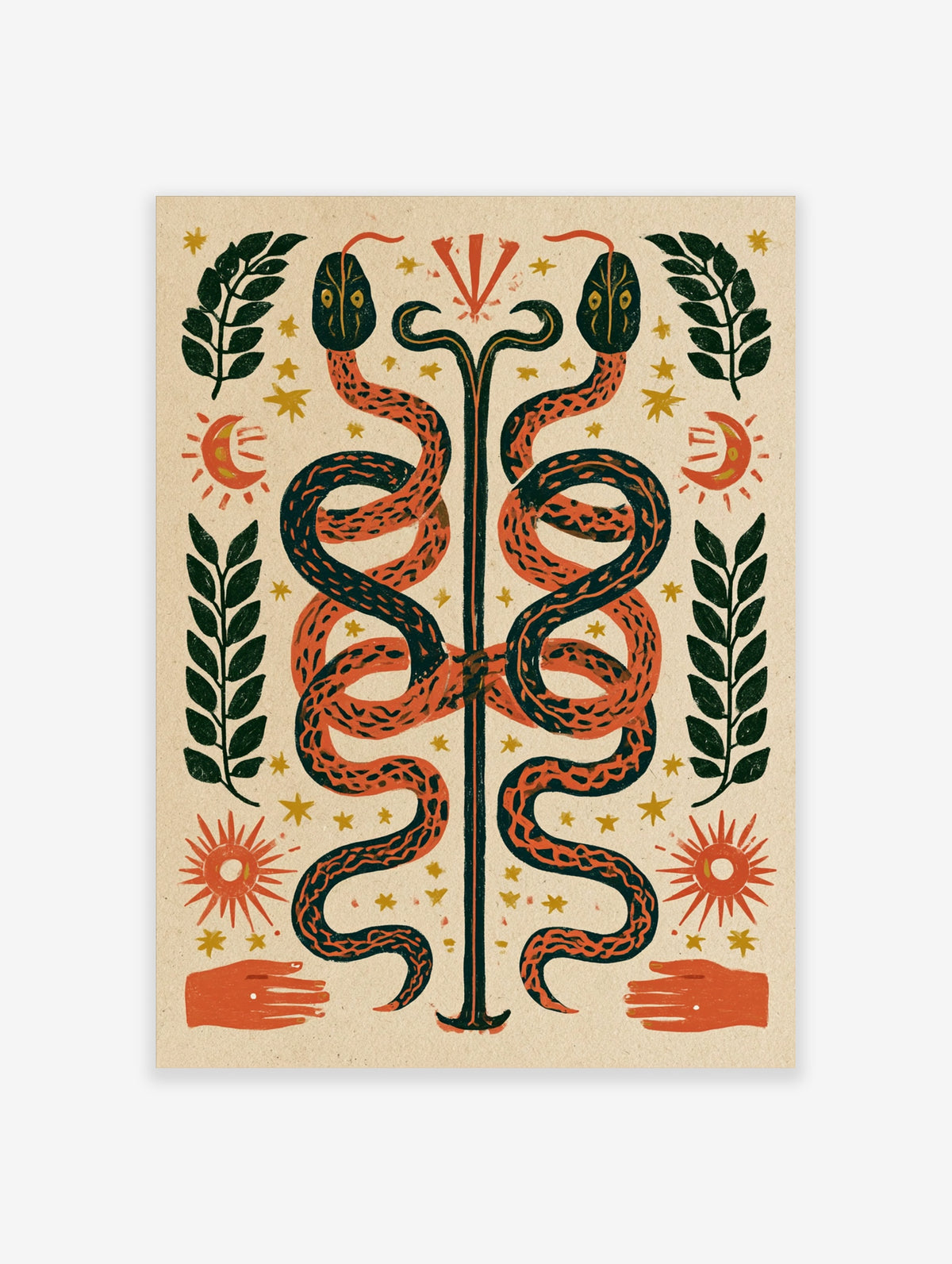Symmetrical snake art print with two serpents coiled around a central staff, suns, stars, and leaves