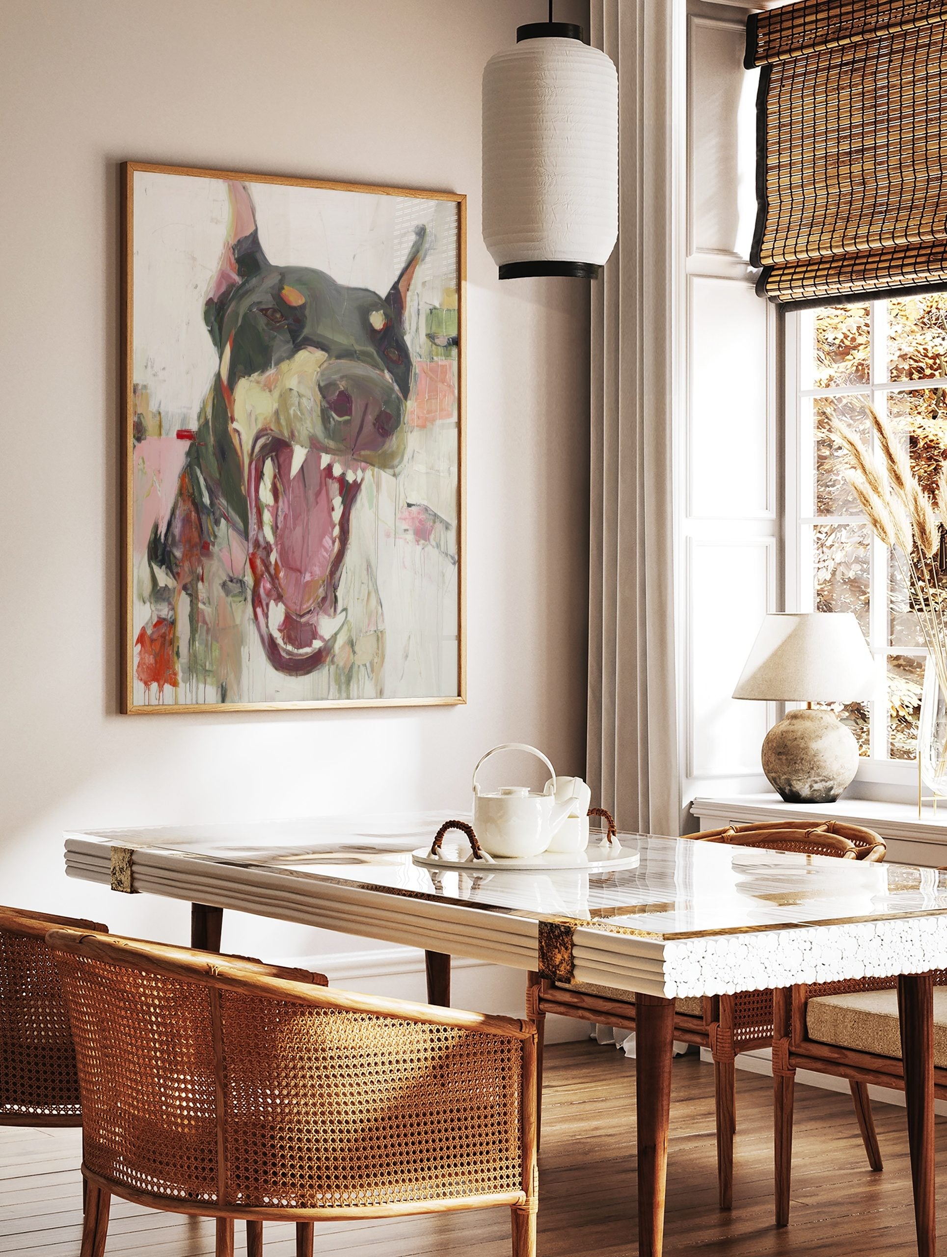 Expressive painting of a snarling Doberman dog with open mouth and bared teeth on a white, in a styled room mockup
