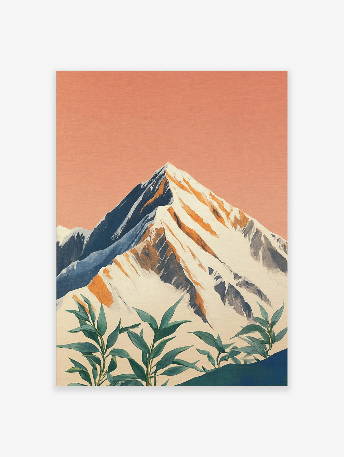 Illustrative snow-capped mountain print with peach sky and green foreground plants