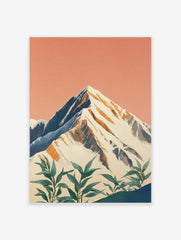 Illustrative snow-capped mountain print with peach sky and green foreground plants