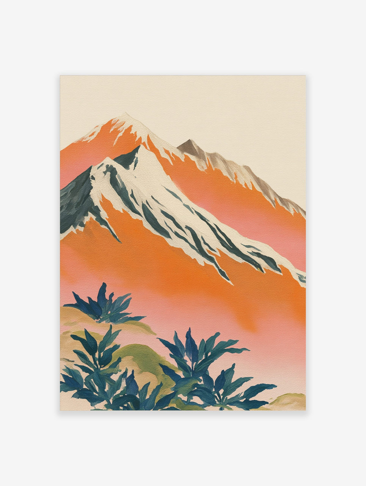 Illustrative mountain landscape art print with snow-capped peaks, orange and pink sky, and green plants