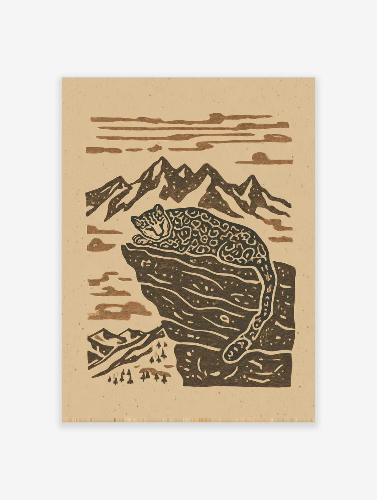 Stylised snow leopard resting on a rocky mountain ledge with peaks and clouds in a two-tone art print