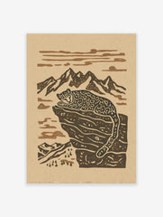 Stylised snow leopard resting on a rocky mountain ledge with peaks and clouds in a two-tone art print