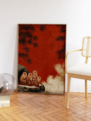 Snow monkey family, including a baby, sitting on rocks by a hot spring with pine trees and a red background. - Image 2