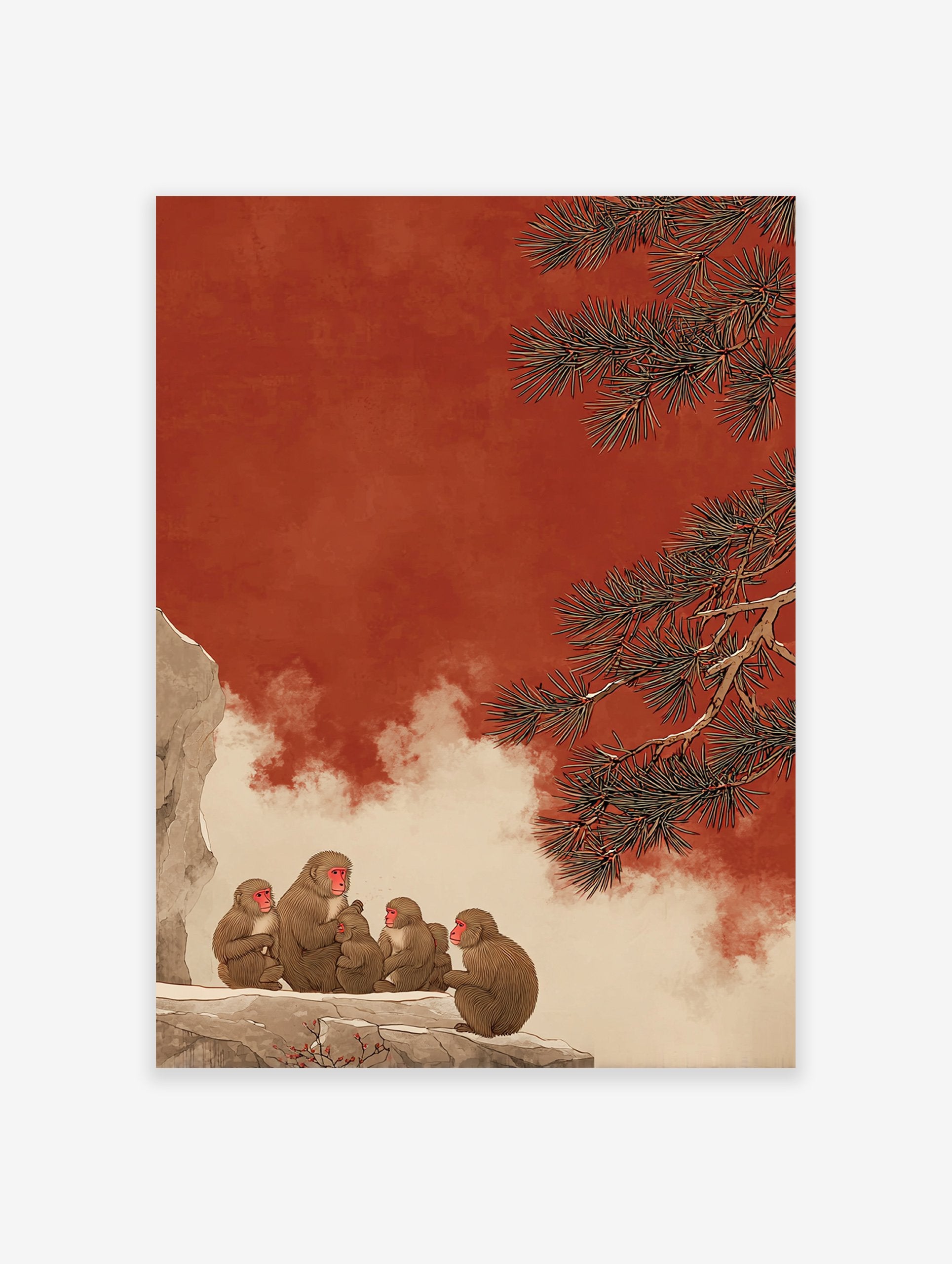 Japanese snow monkeys on a snowy cliff with a red sky and pine tree branches. Snow Monkey Wall Art illustration.