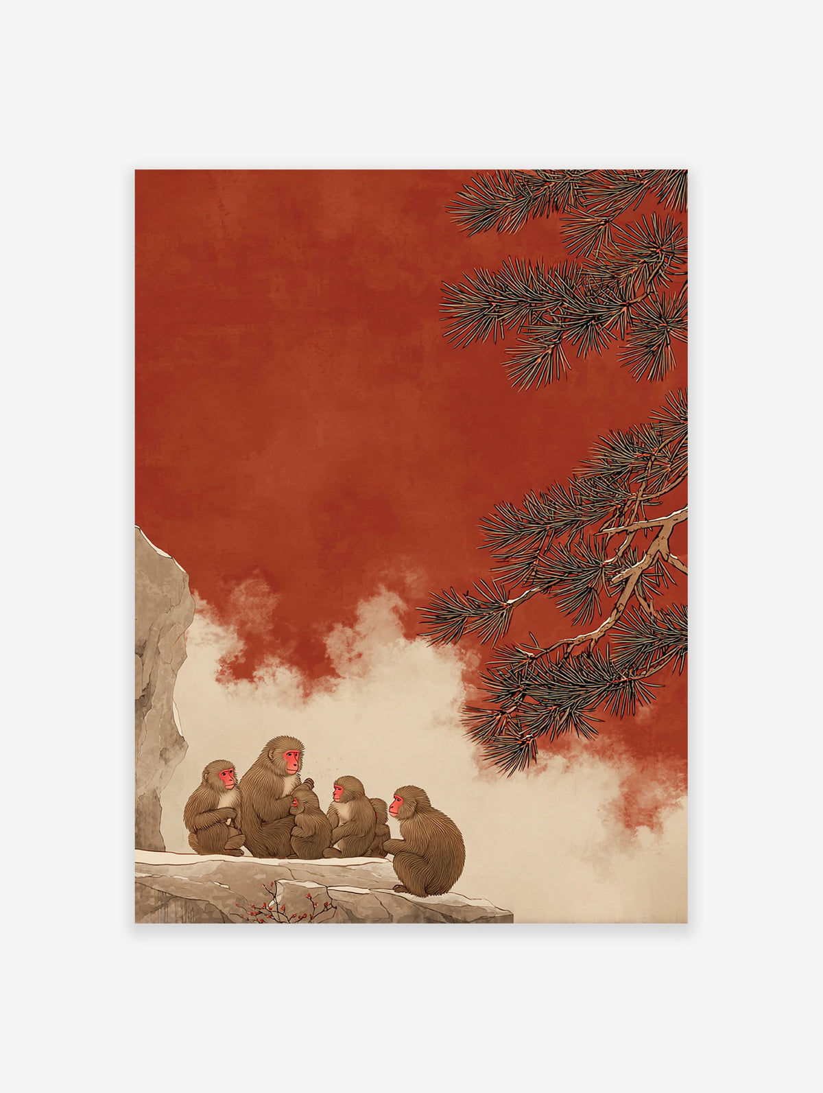 Japanese snow monkeys on a snowy cliff with a red sky and pine tree branches. Snow Monkey Wall Art illustration.