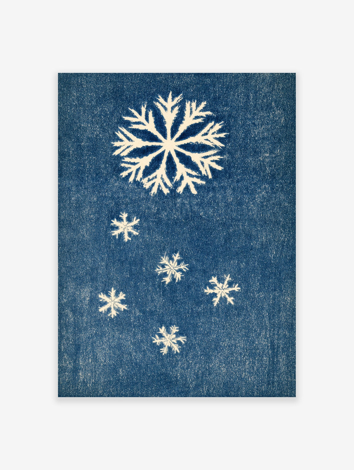 White snowflake illustration on a textured deep blue background, minimalist winter wall art print