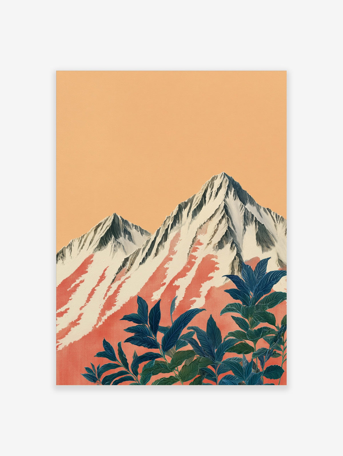 Illustrative print of snow-capped mountains with red streaks and dark blue-green foliage against an orange sky