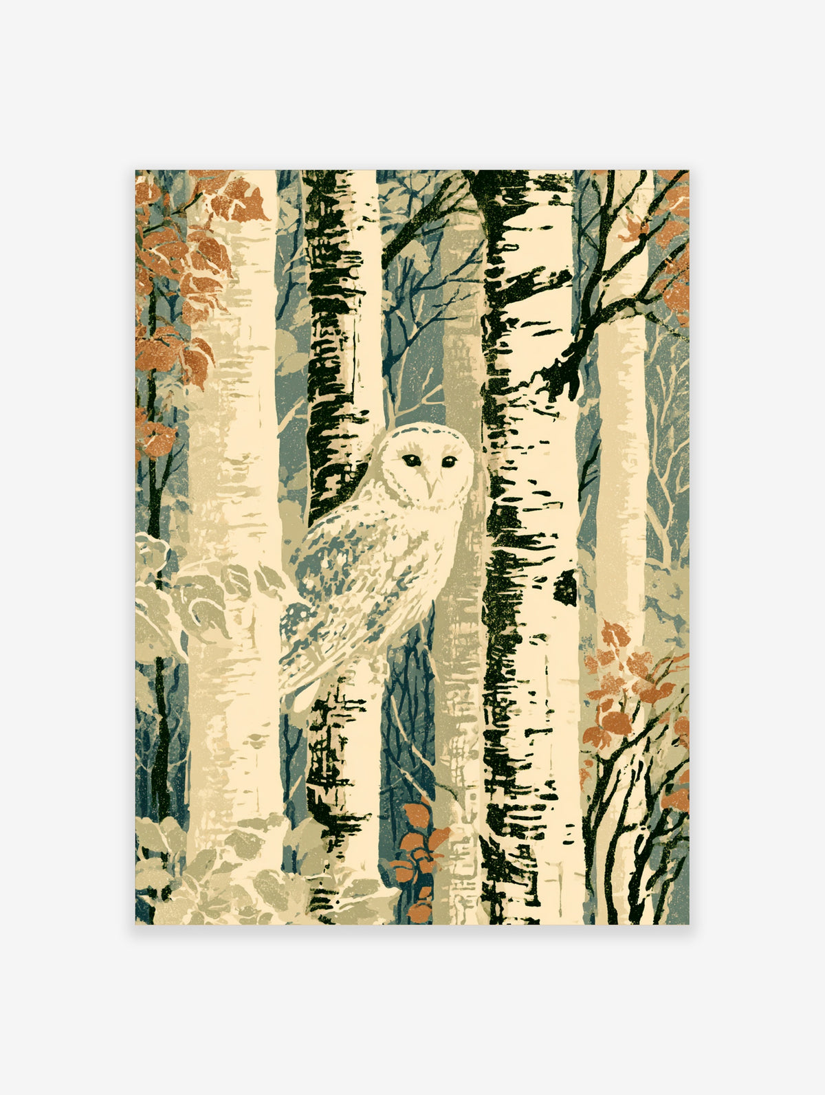 Snowy owl perched among birch trunks in a woodland art print with cream bark and rust leaves