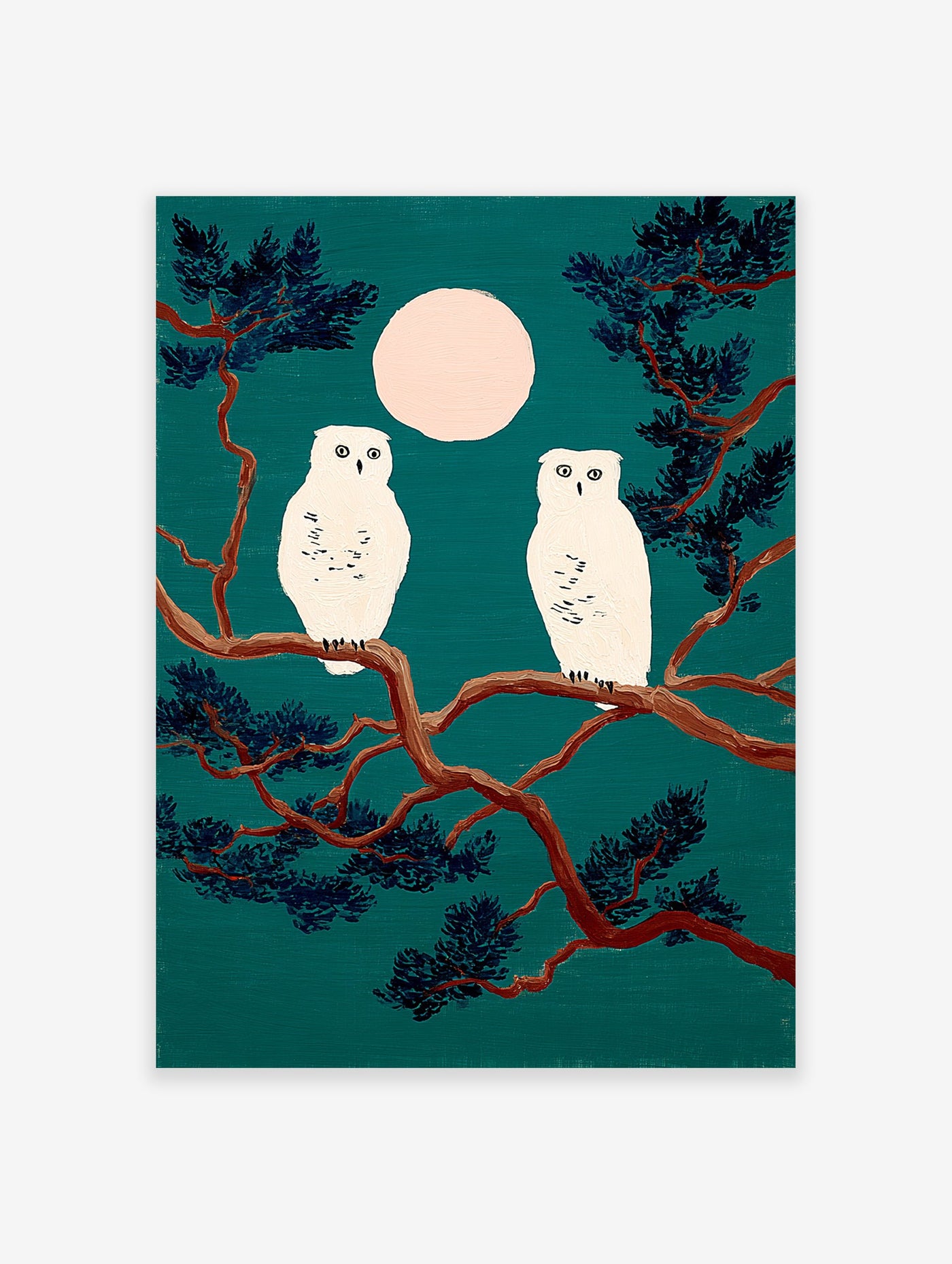 Snowy owl art print featuring two white owls on a pine branch under a pale moon against a deep teal night sky.
