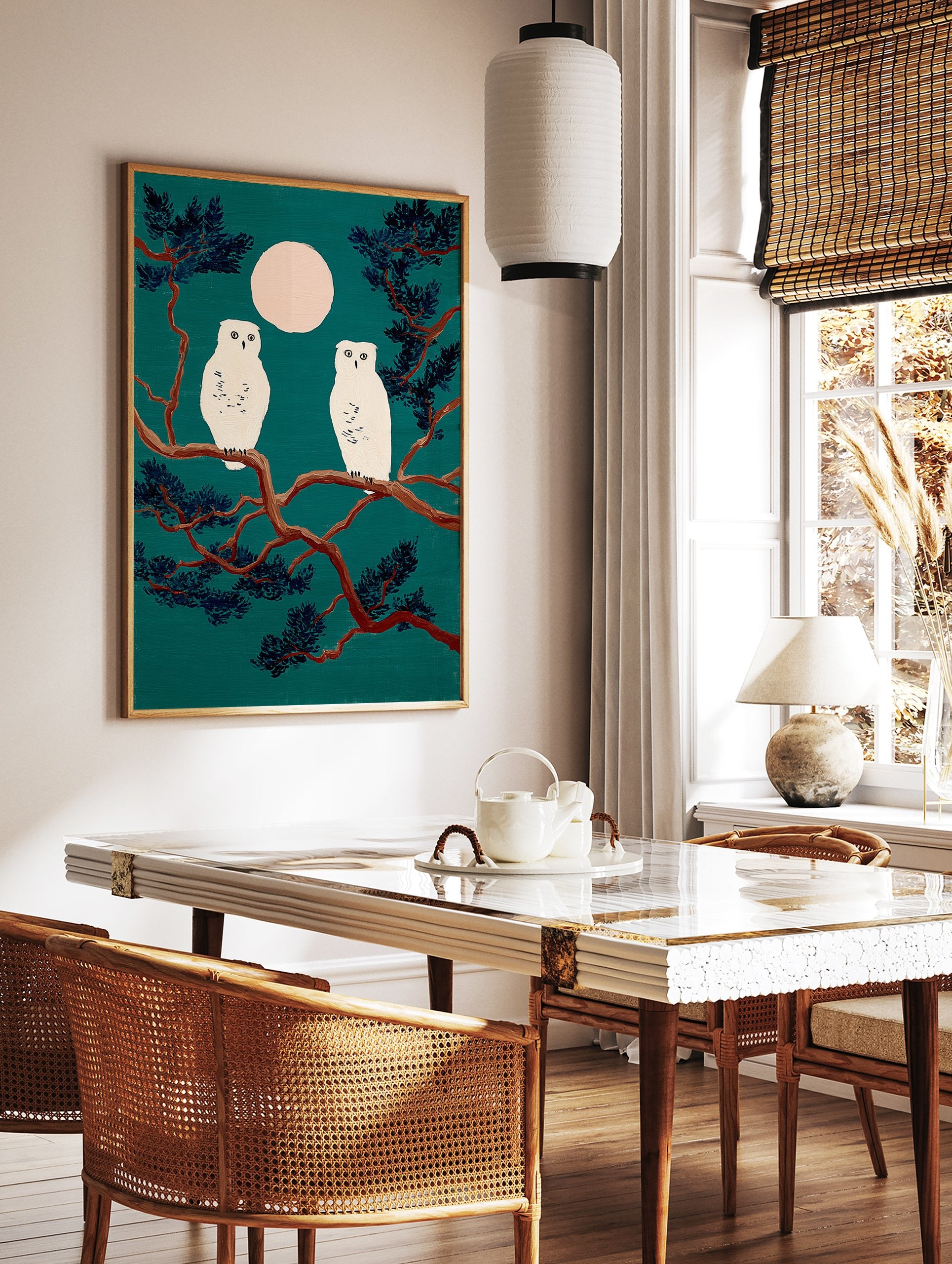 Snowy owl art print featuring two white owls on a pine branch under a pale moon against a deep teal night sky. - Image 2